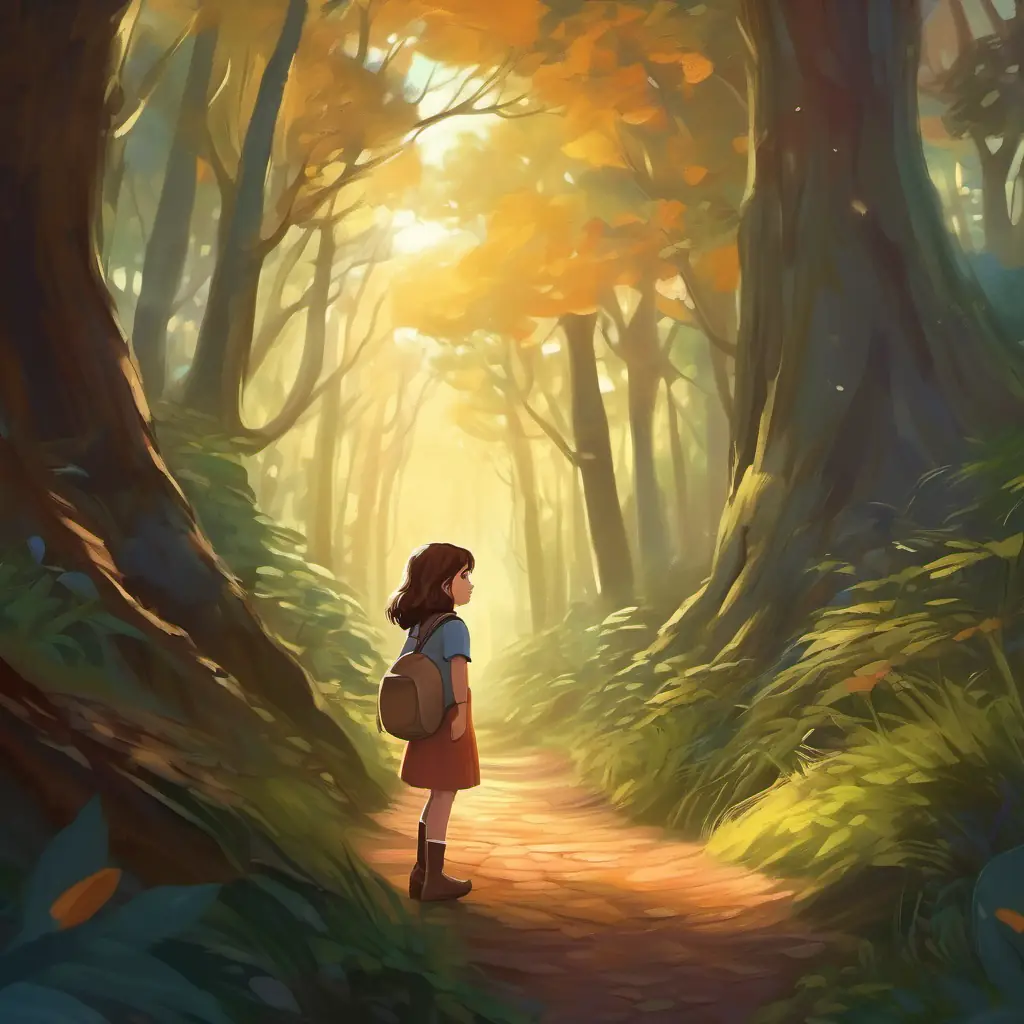 8-year-old girl, curious brown eyes, brown hair, brave entering a mystical forest.