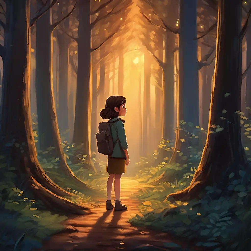 Night in the forest, 8-year-old girl, curious brown eyes, brown hair, brave's realization.