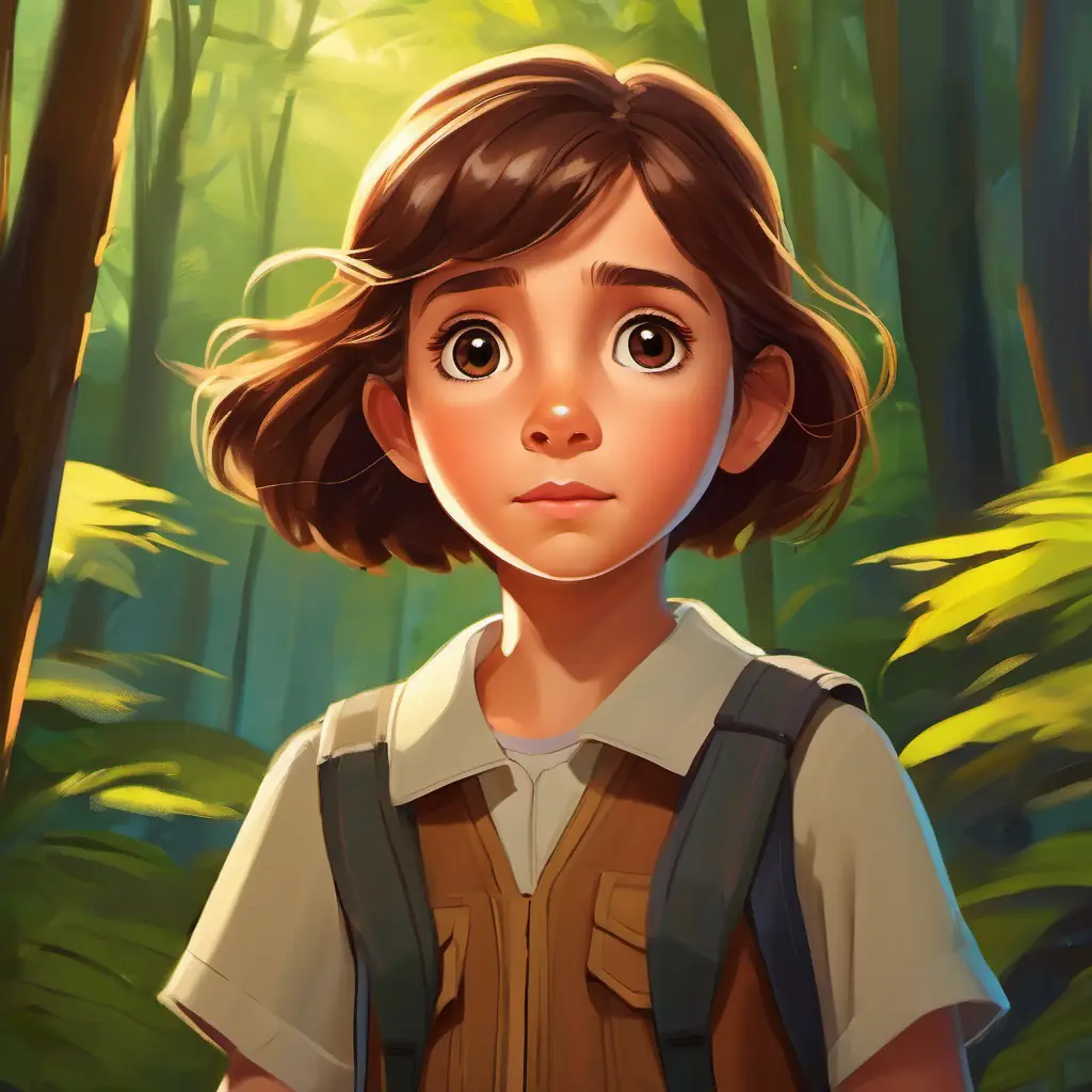 8-year-old girl, curious brown eyes, brown hair, brave leaving the forest, feeling stronger.