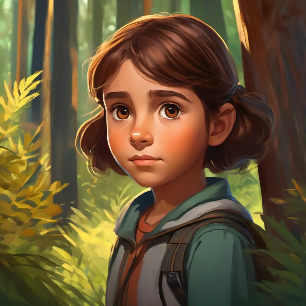 8-year-old girl, curious brown eyes, brown hair, brave in forest, listening to whispers.