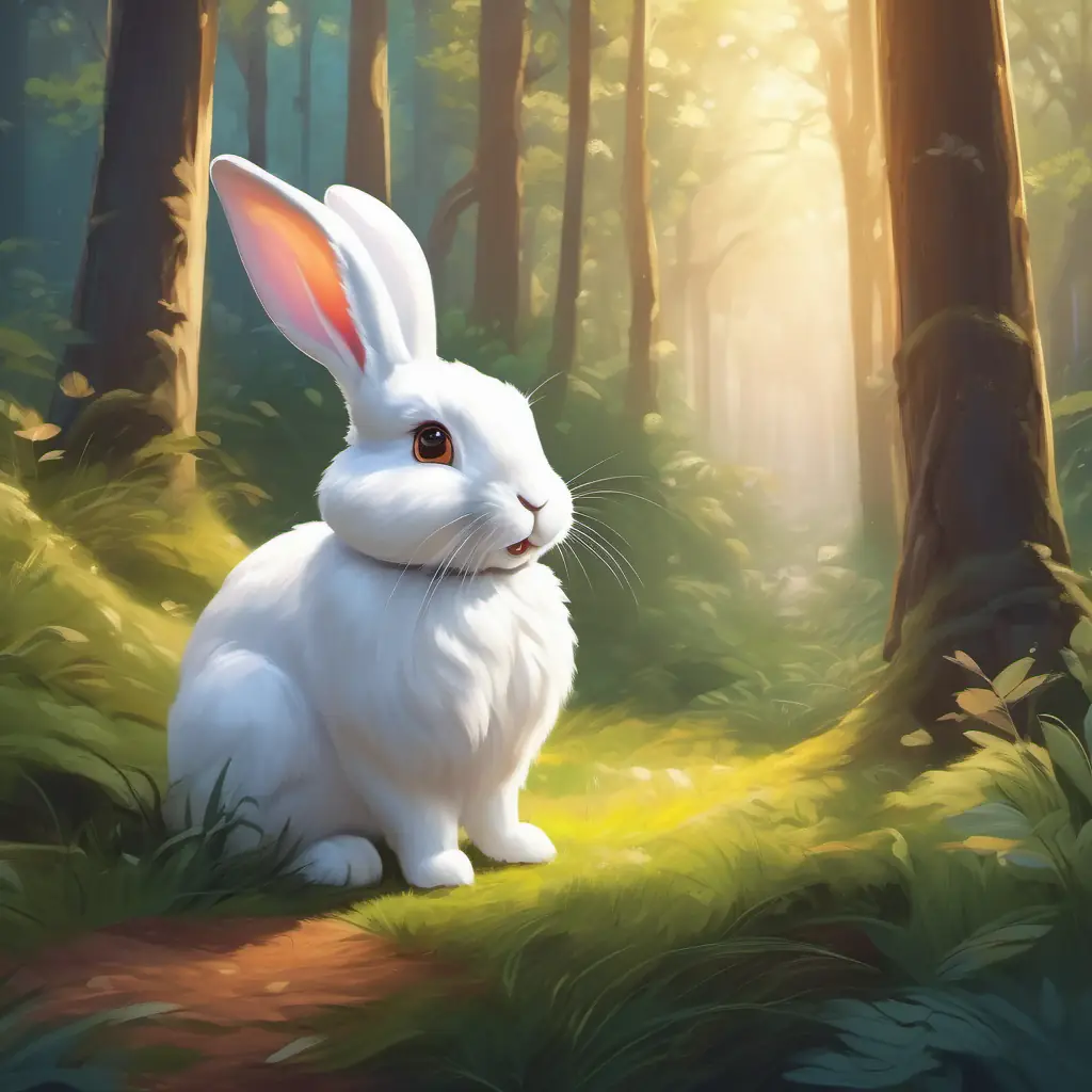 Meeting Fluffy white rabbit, symbol of happiness the rabbit in the forest.