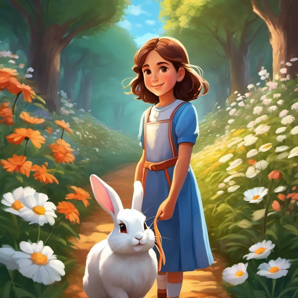 8-year-old girl, curious brown eyes, brown hair, brave with Fluffy white rabbit, symbol of happiness on a happy, floral path.