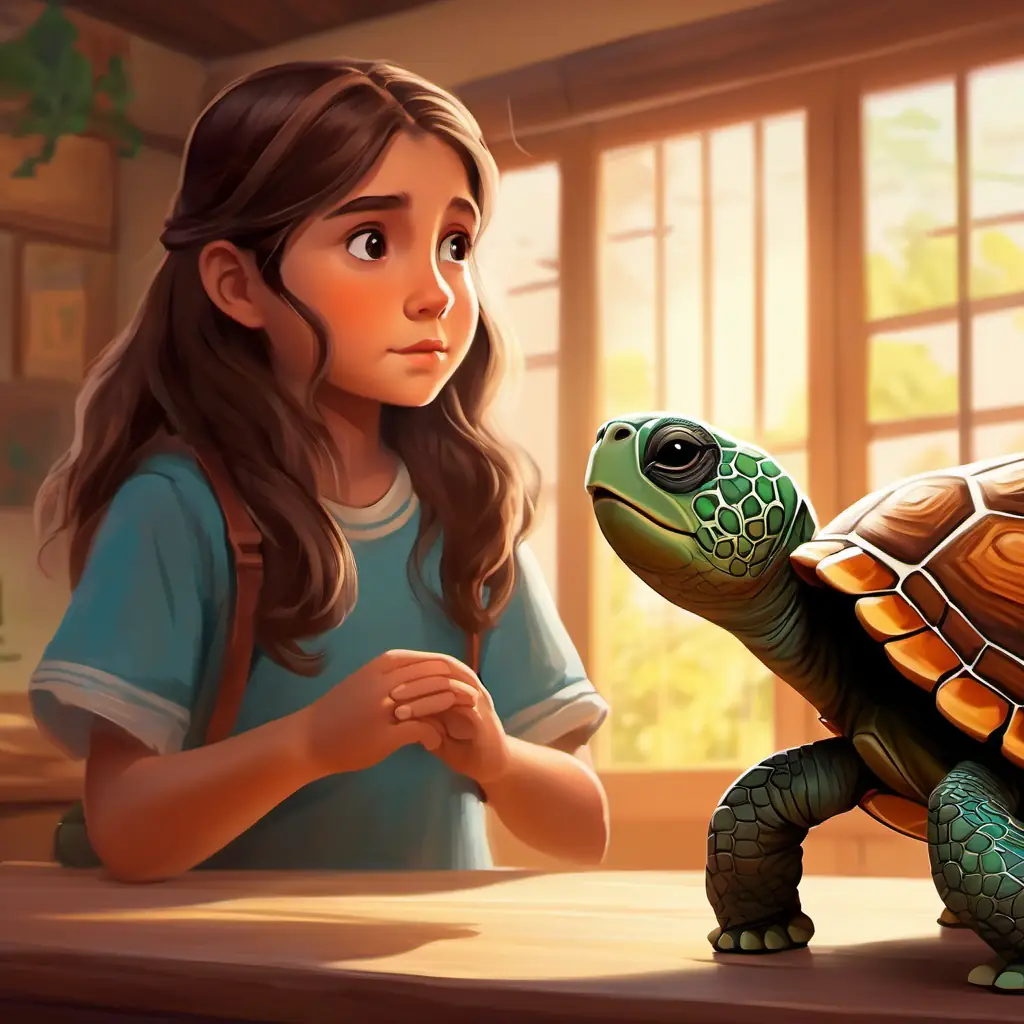 8-year-old girl, curious brown eyes, brown hair, brave with Slow-moving turtle, symbol of sadness the turtle, a lesson in sadness.