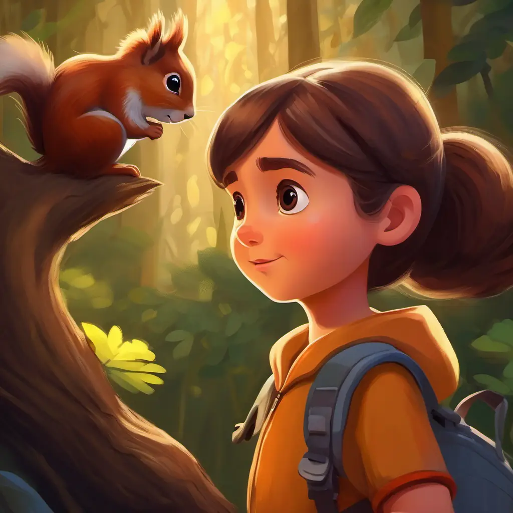 8-year-old girl, curious brown eyes, brown hair, brave and Trembling, small squirrel, symbol of fear talking about fears.