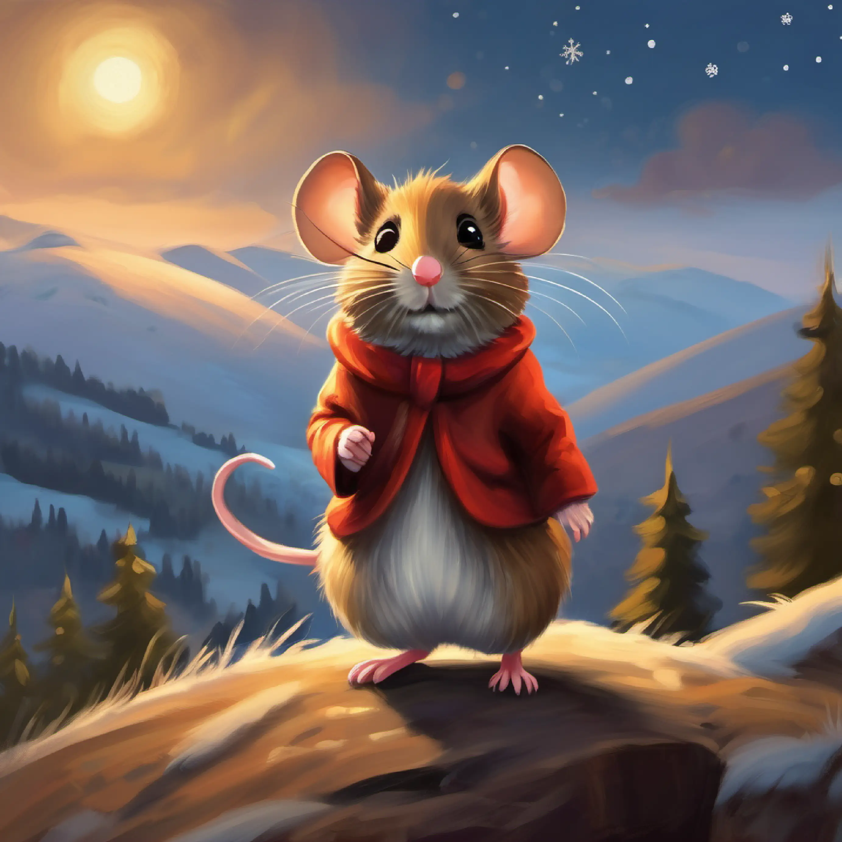 Small eager mouse, brown fur, bright eyes, and a twitchy nose sees a hill and expresses his desire to visit it.