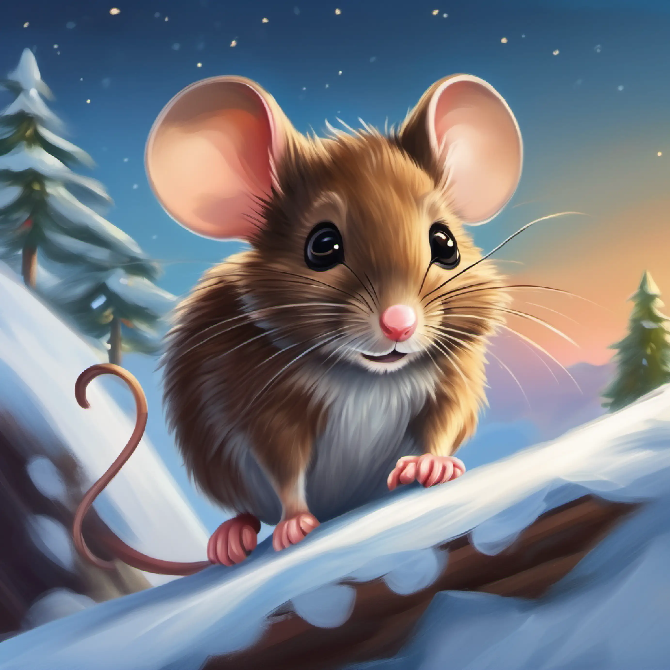 Small eager mouse, brown fur, bright eyes, and a twitchy nose overcoming obstacles while climbing towards the hill.