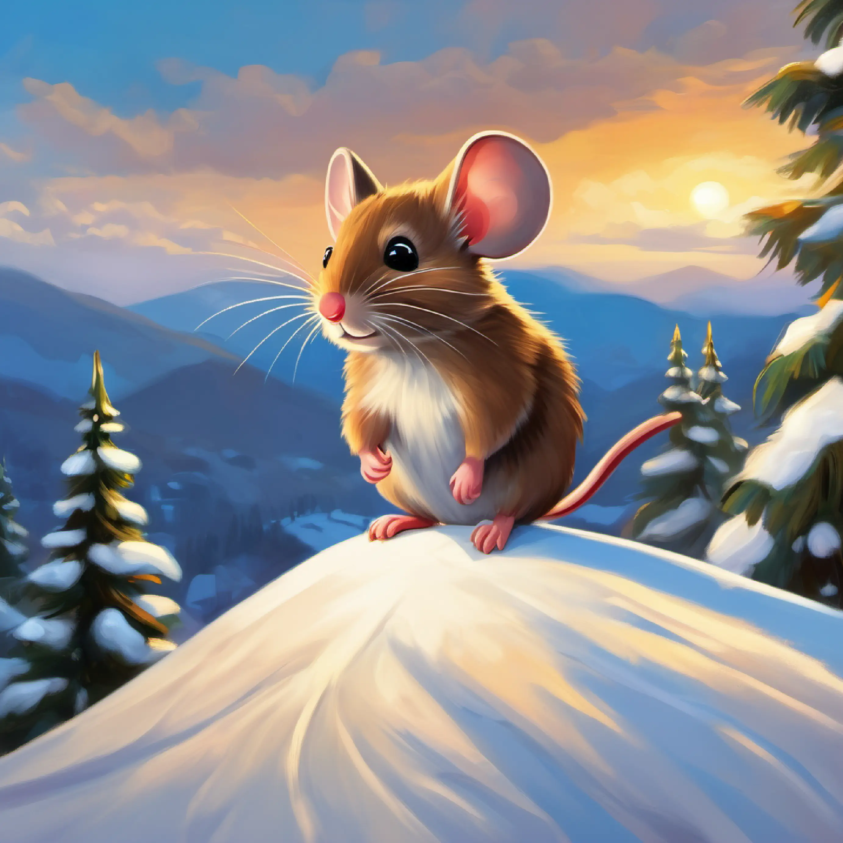 Small eager mouse, brown fur, bright eyes, and a twitchy nose's success as he reaches the top and sees the view.