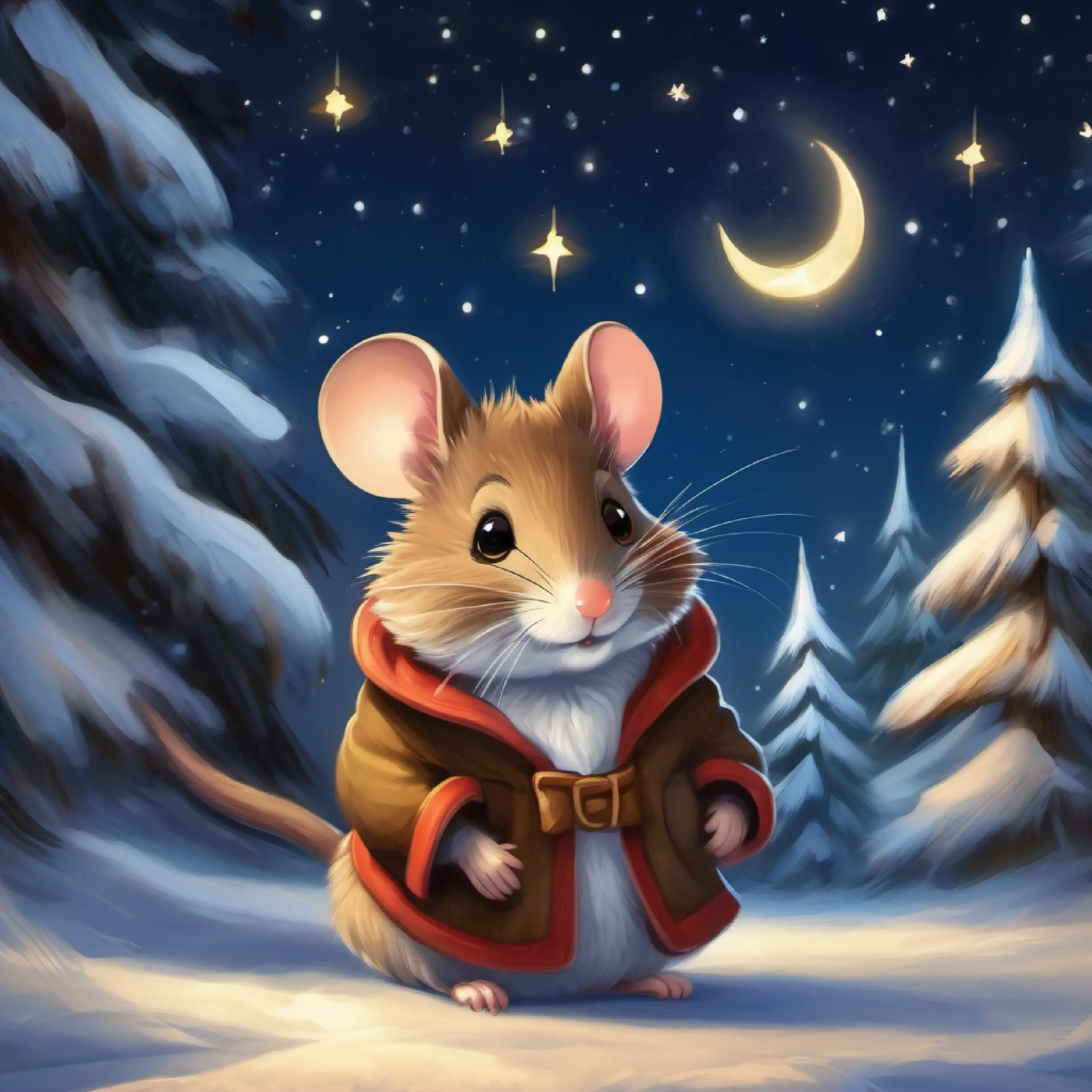 Small eager mouse, brown fur, bright eyes, and a twitchy nose returns home under the stars, feeling proud of his achievement.