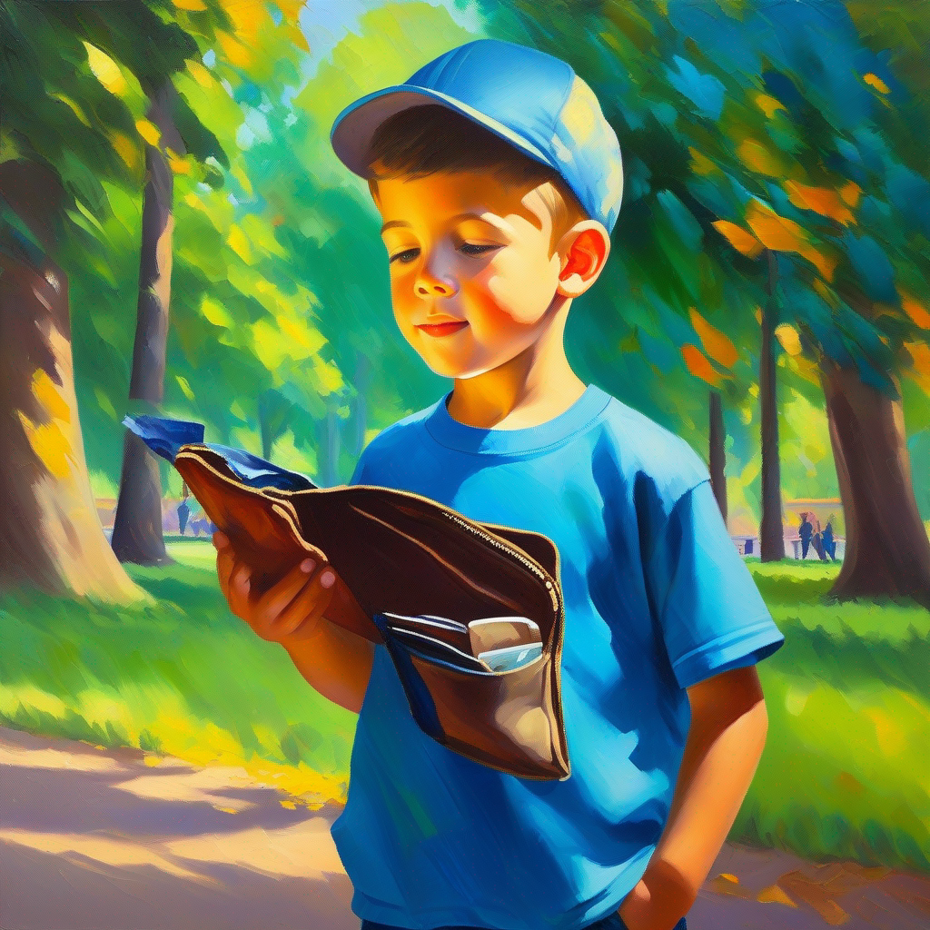 A young boy who believes in honesty, wearing a blue shirt. finds a wallet in the park, colorful and sunny.