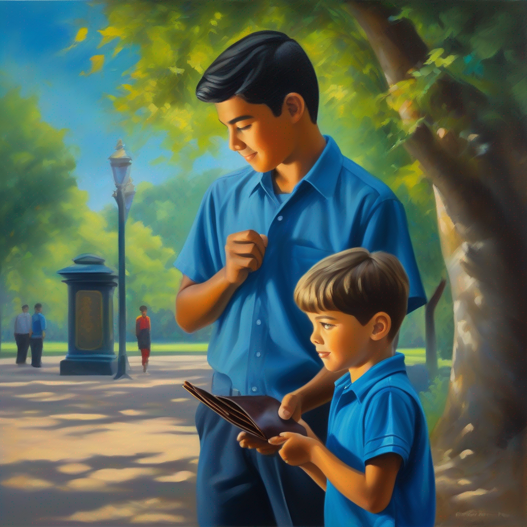 A young boy who believes in honesty, wearing a blue shirt. returns the wallet to the park attendant, with a grateful owner.