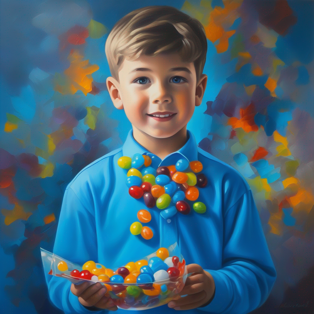 A young boy who believes in honesty, wearing a blue shirt. declines candies from friends, feeling happy and confident.