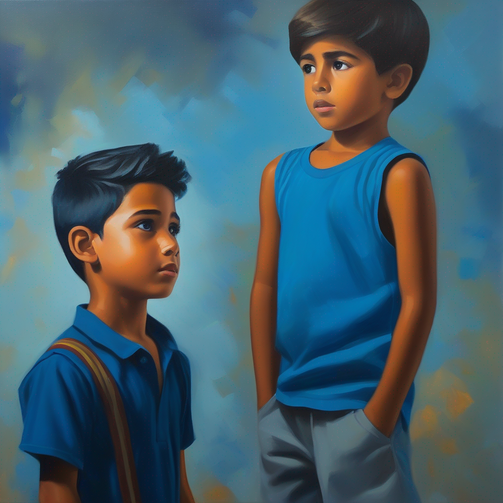 A young boy who believes in honesty, wearing a blue shirt. tells his teacher the truth, with Khalid feeling worried.