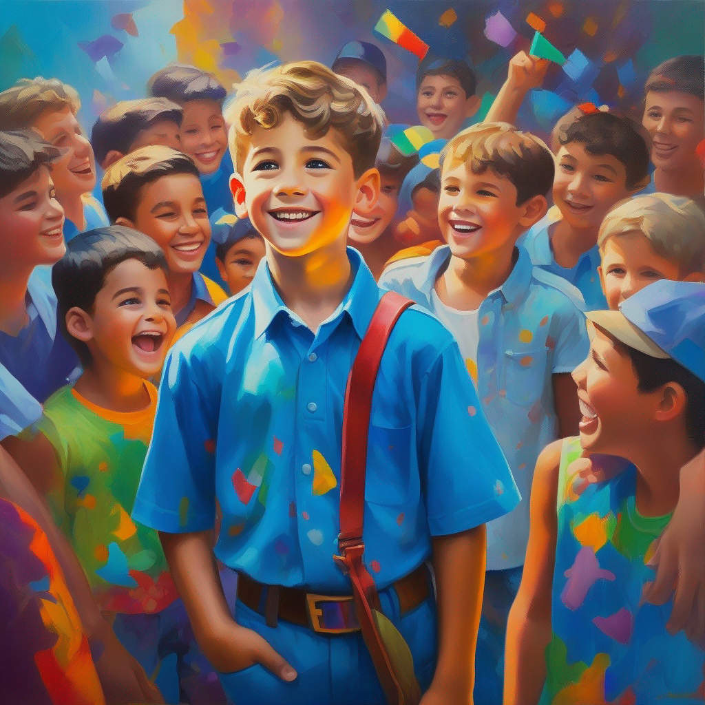 A young boy who believes in honesty, wearing a blue shirt. surrounded by friends, colorful and happy.
