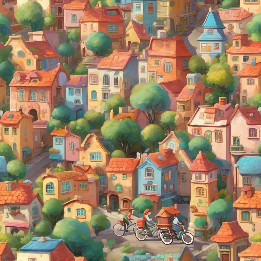 A whimsical town with brightly colored houses, children playing hoopla, and elderly folks on e-bikes.