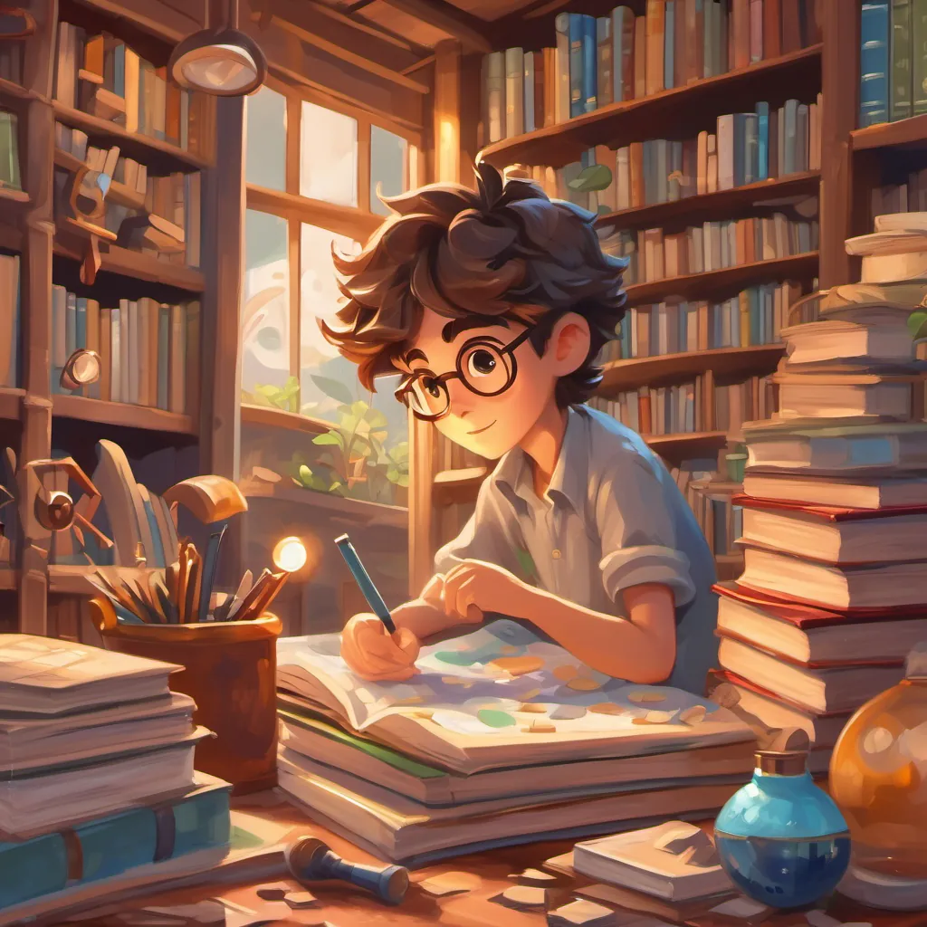 A curious boy with tousled hair, surrounded by books, puzzles, and magnifying glasses.