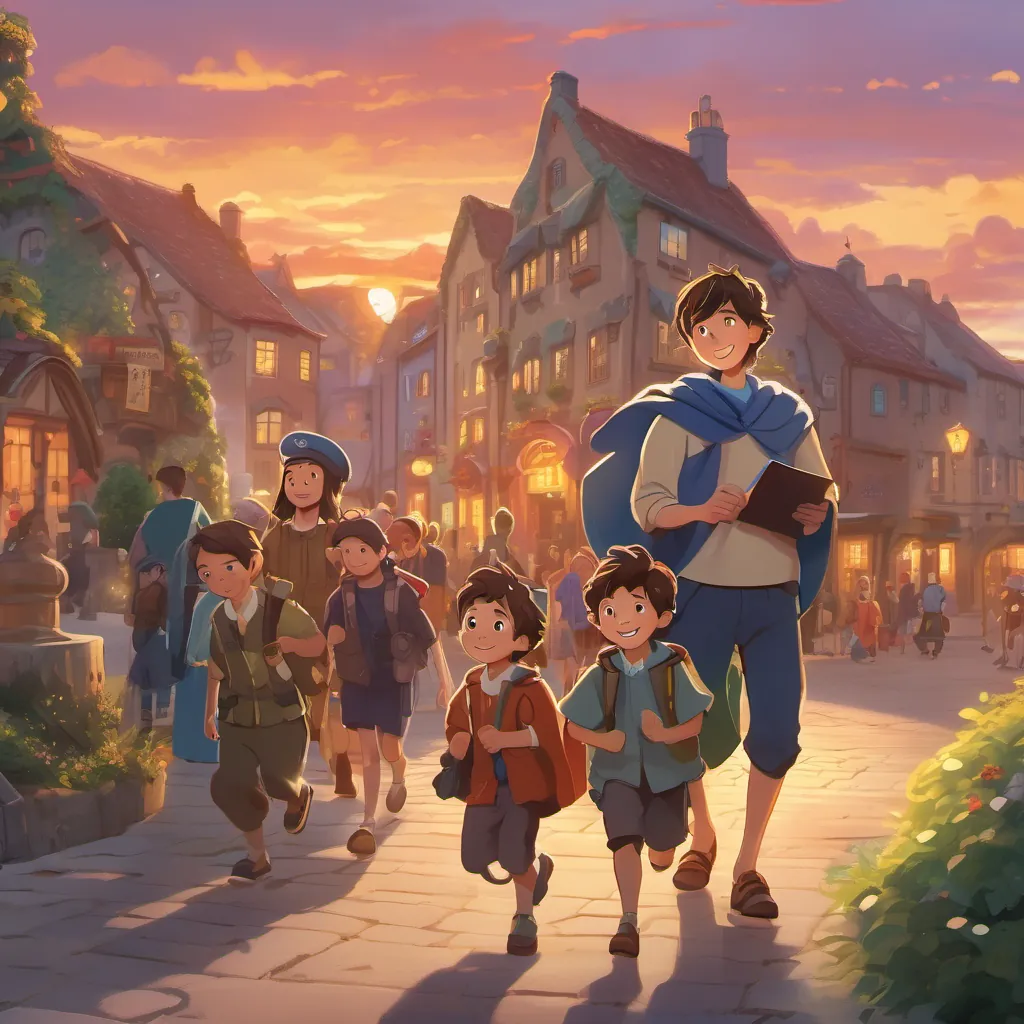 A young boy with tousled hair, wearing a hero’s cape and carrying a fun, gadgety device smiling proudly with kids and pensioners all around, the town glowing in the sunset.