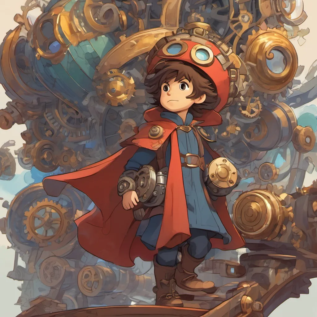 A young boy with tousled hair, wearing a hero’s cape and carrying a fun, gadgety device with a comically oversized thinking cap full of spinning gears and cogs.