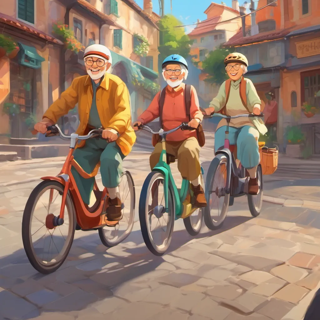 Pensioners grinning with helmets on, darting past on colorful e-bikes.