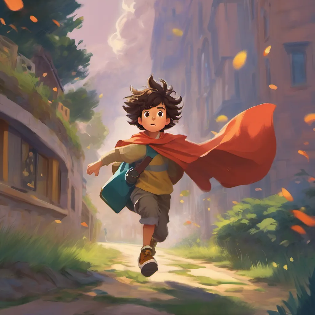 A young boy with tousled hair, wearing a hero’s cape and carrying a fun, gadgety device startled, hopping to avoid an imaginary oncoming bus.