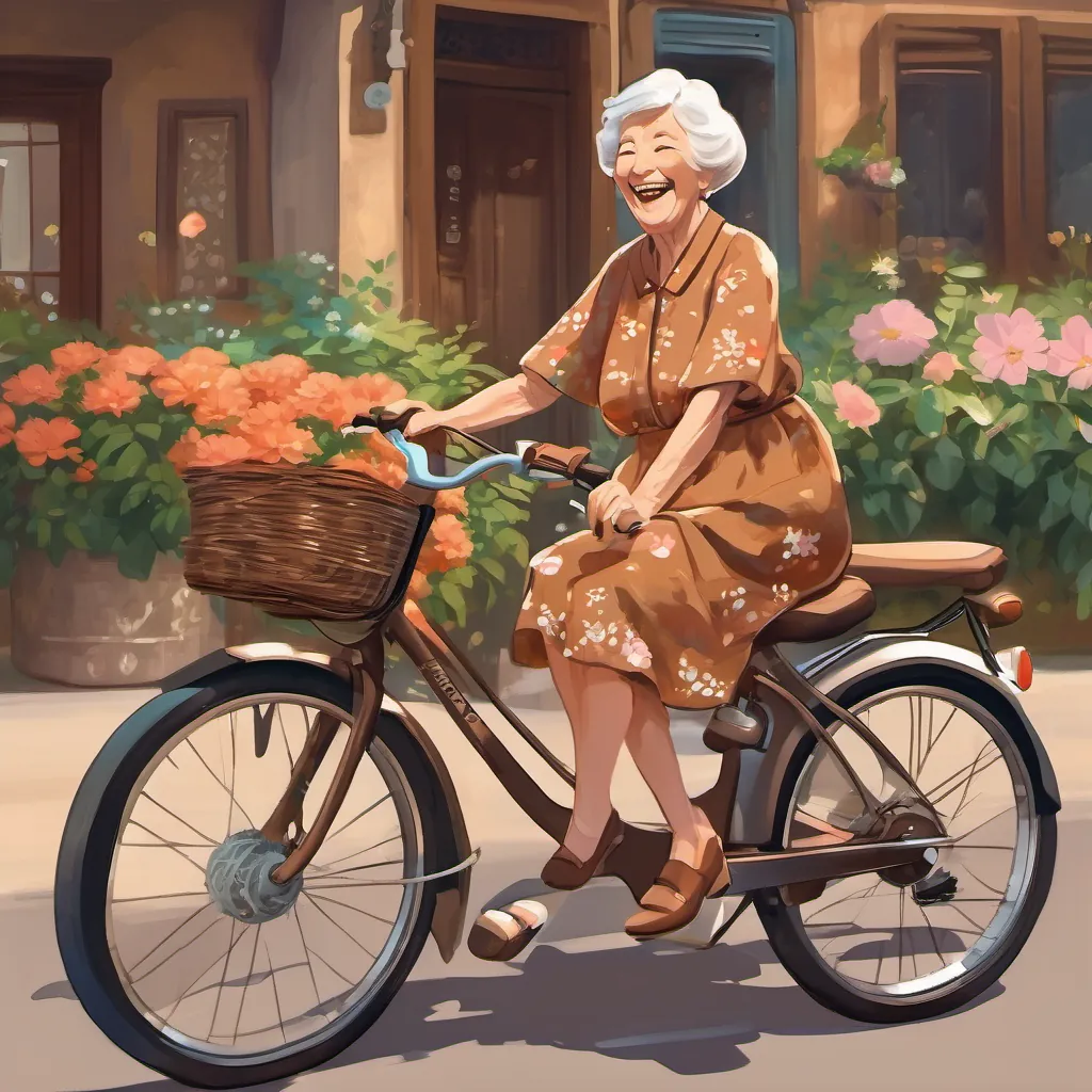 An elderly lady with a twinkle in her eye, wearing a flowery dress and riding a brown e-bike laughing with a twinkle in her eye, wearing a flowery dress on a brown e-bike.