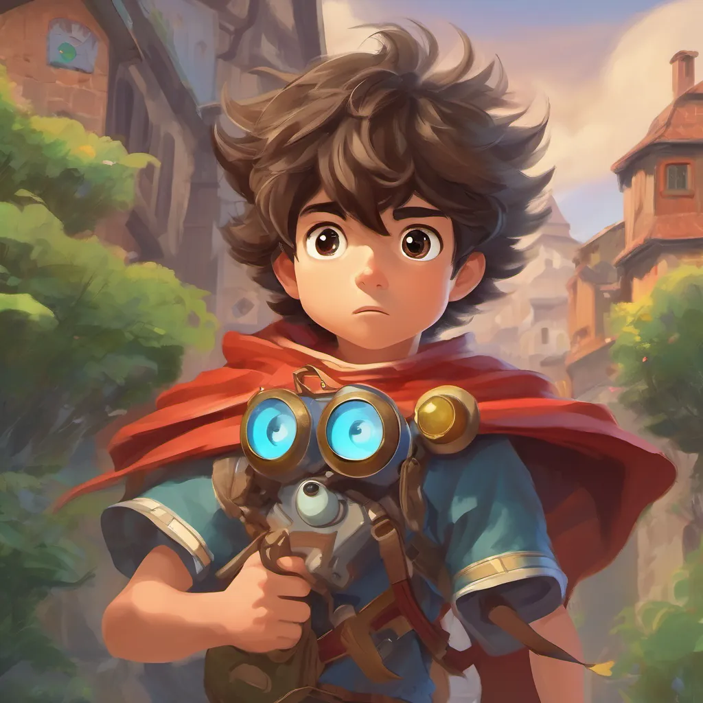 A young boy with tousled hair, wearing a hero’s cape and carrying a fun, gadgety device's eyes wide in surprise with a determined look forming on his face.