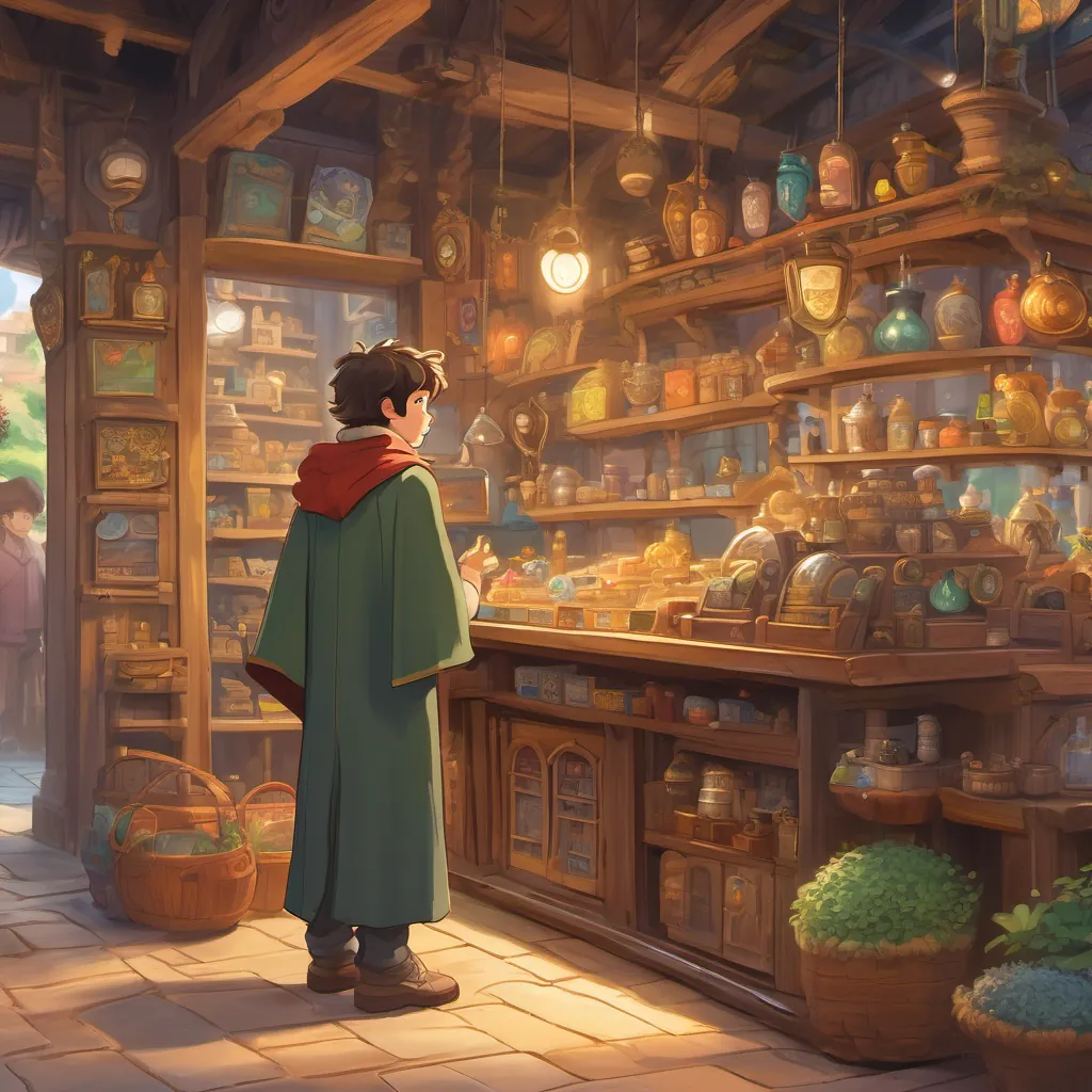 A quaint old shop filled with magical gadgets and trinkets, A young boy with tousled hair, wearing a hero’s cape and carrying a fun, gadgety device talking to a kind old shopkeeper.