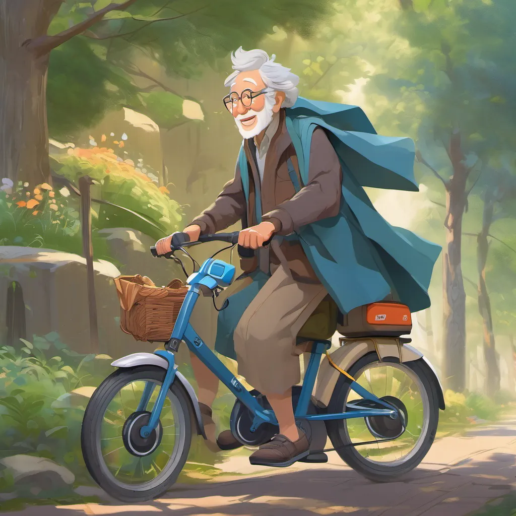 Pensioners on slowly moving e-bikes looking happy and calm as A young boy with tousled hair, wearing a hero’s cape and carrying a fun, gadgety device stands heroically with the device.