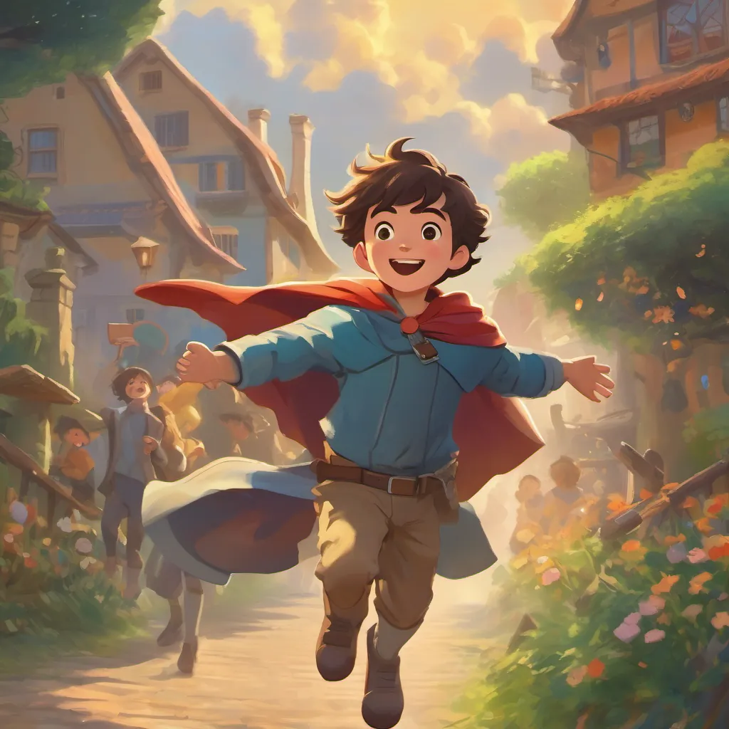 A joyful celebration with A young boy with tousled hair, wearing a hero’s cape and carrying a fun, gadgety device being held high on shoulders and everyone cheering.