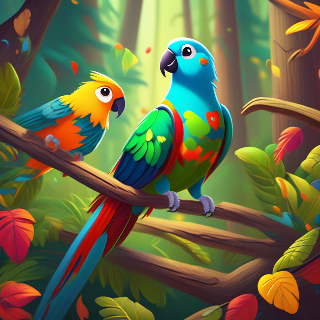 Cheerful parrot with vibrant feathers and a friendly demeanor. and Lonely sparrow searching for a new home, with warm feathers. explore the colorful forest together, forming a bond.