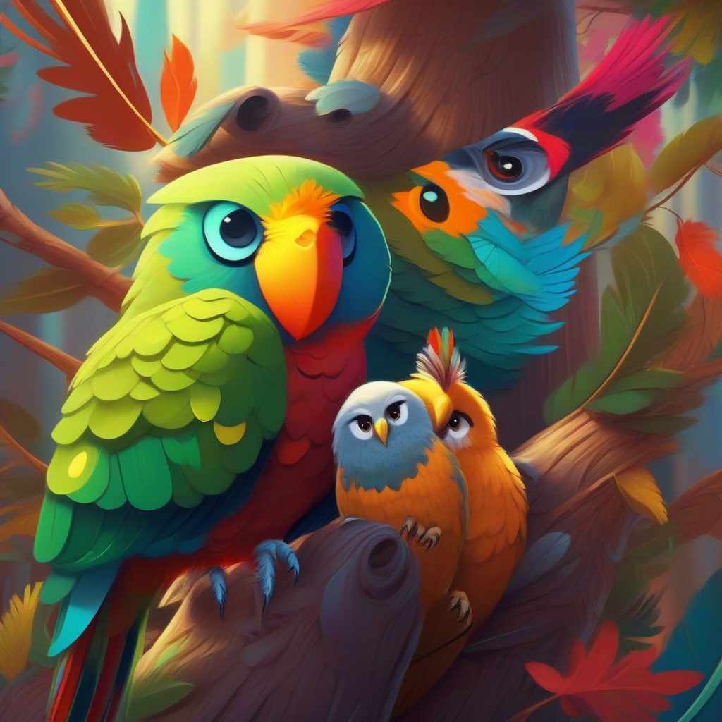 Cheerful parrot with vibrant feathers and a friendly demeanor. and Lonely sparrow searching for a new home, with warm feathers. meet the intimidating owl Fierce owl with piercing eyes, hiding a kind heart., who joins their quest.