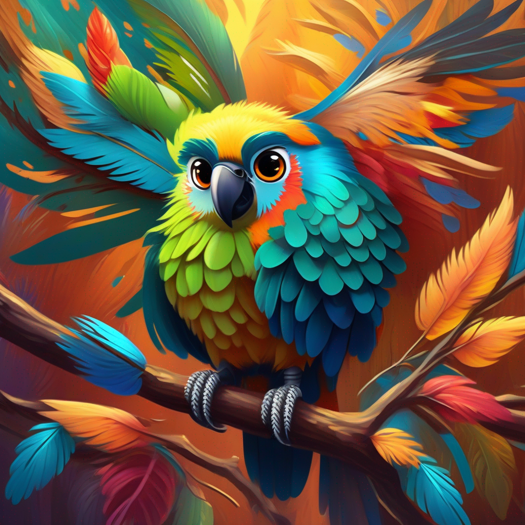 Cheerful parrot with vibrant feathers and a friendly demeanor., Lonely sparrow searching for a new home, with warm feathers., and Fierce owl with piercing eyes, hiding a kind heart. face challenges but receive help from friendly birds.