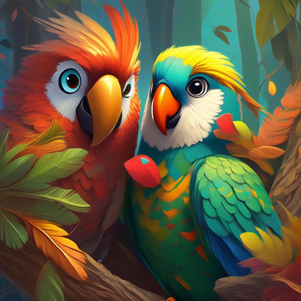 Cheerful parrot with vibrant feathers and a friendly demeanor., Lonely sparrow searching for a new home, with warm feathers., and Fierce owl with piercing eyes, hiding a kind heart. build a nest and cement their friendship.