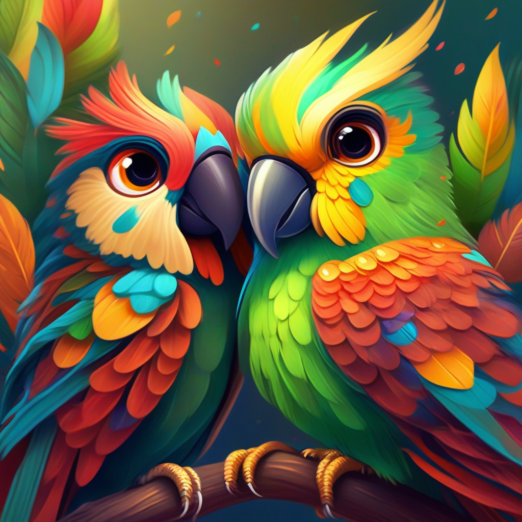 Cheerful parrot with vibrant feathers and a friendly demeanor., Lonely sparrow searching for a new home, with warm feathers., and Fierce owl with piercing eyes, hiding a kind heart. become inseparable friends, inspiring unity and kindness.