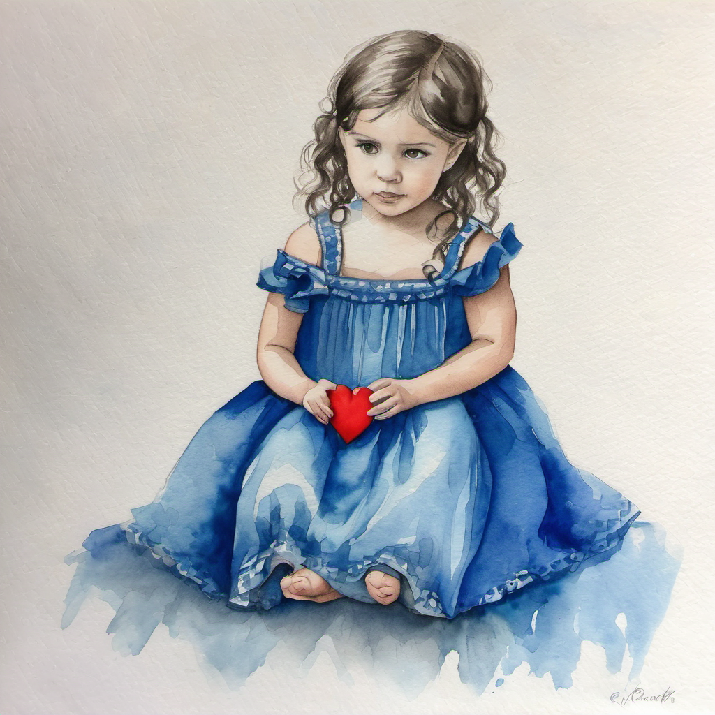 Niña con corazón de ronroneos, pelo oscuro y vestido azul con su corazón lleno de ronroneos