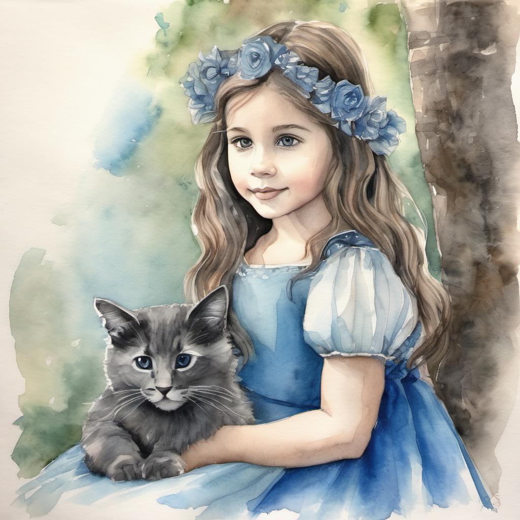 Niña con corazón de ronroneos, pelo oscuro y vestido azul encontrando al gatito perdido en el parque