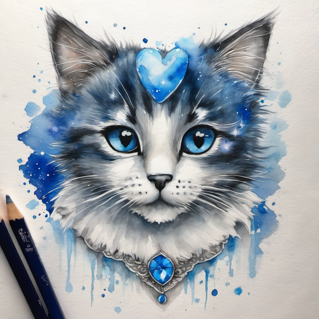 Gatito blanco con ojos azules y collar de estrellas, el nuevo gatito de Niña con corazón de ronroneos, pelo oscuro y vestido azul