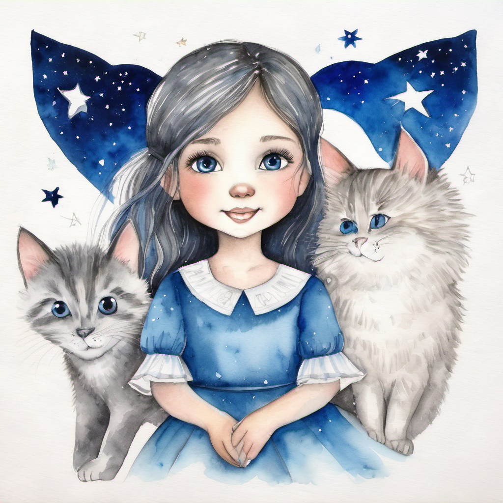Niña con corazón de ronroneos, pelo oscuro y vestido azul y Gatito blanco con ojos azules y collar de estrellas jugando y riendo juntos