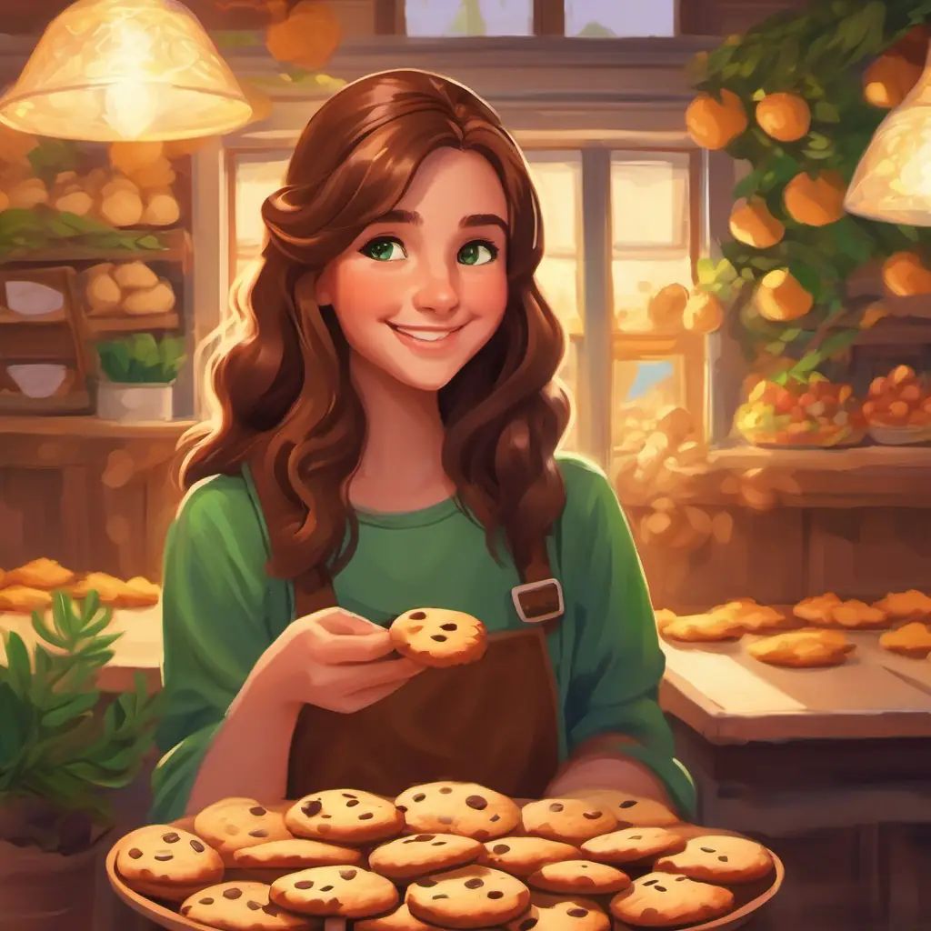 Kind girl, long brown hair, green eyes, warm smile finds friends who like her cookies, not her humor.