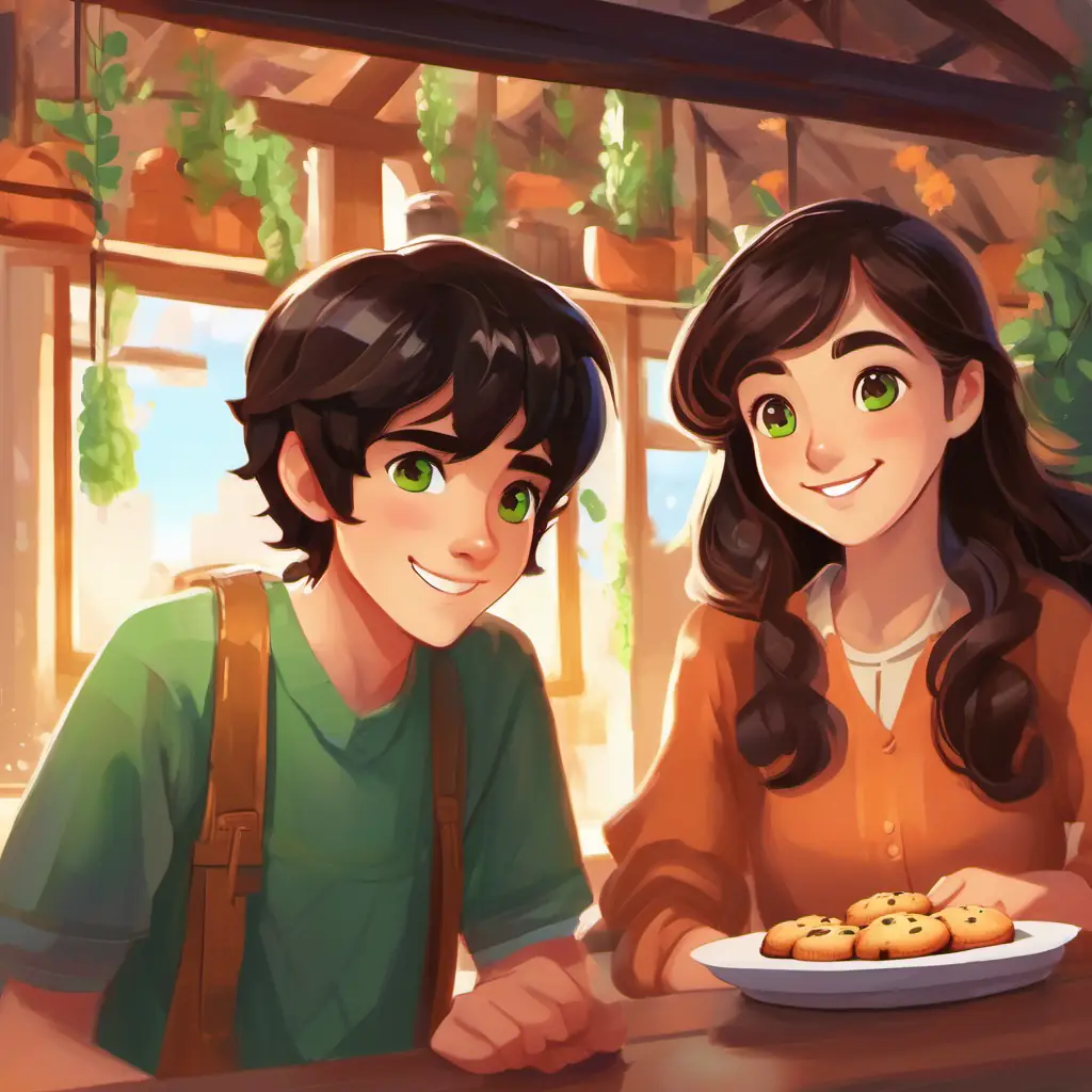 Kind girl, long brown hair, green eyes, warm smile offers her last cookie to show friendship to New boy, short black hair, brown eyes, bright grin.