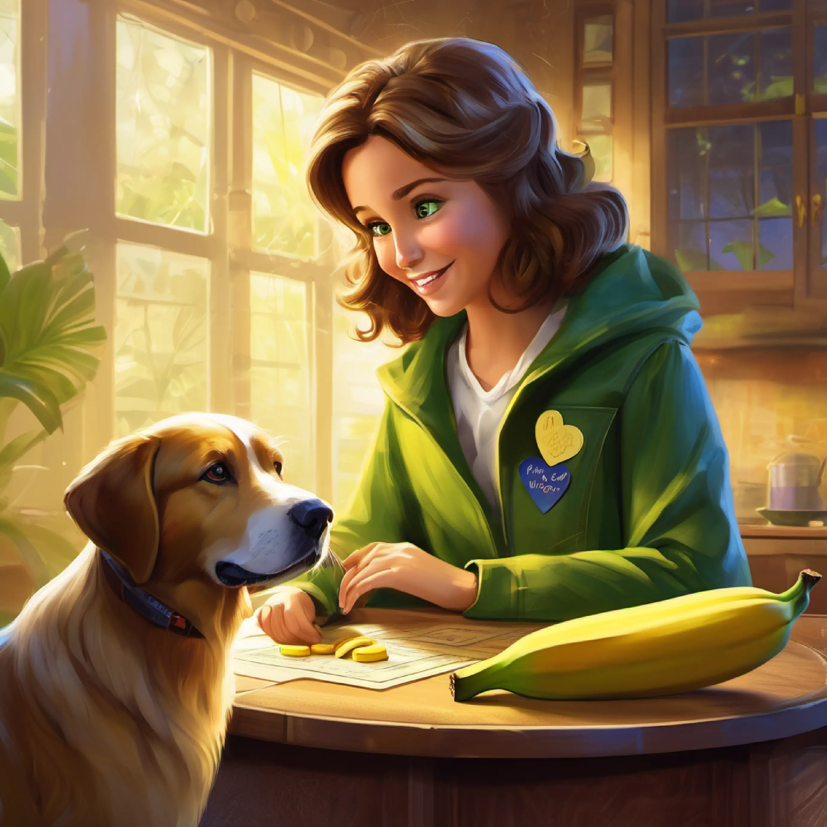 Golden coat, loves bananas, smart dog and Caring owner, helps with counting, brown hair, green eyes host a 'Math Day'.