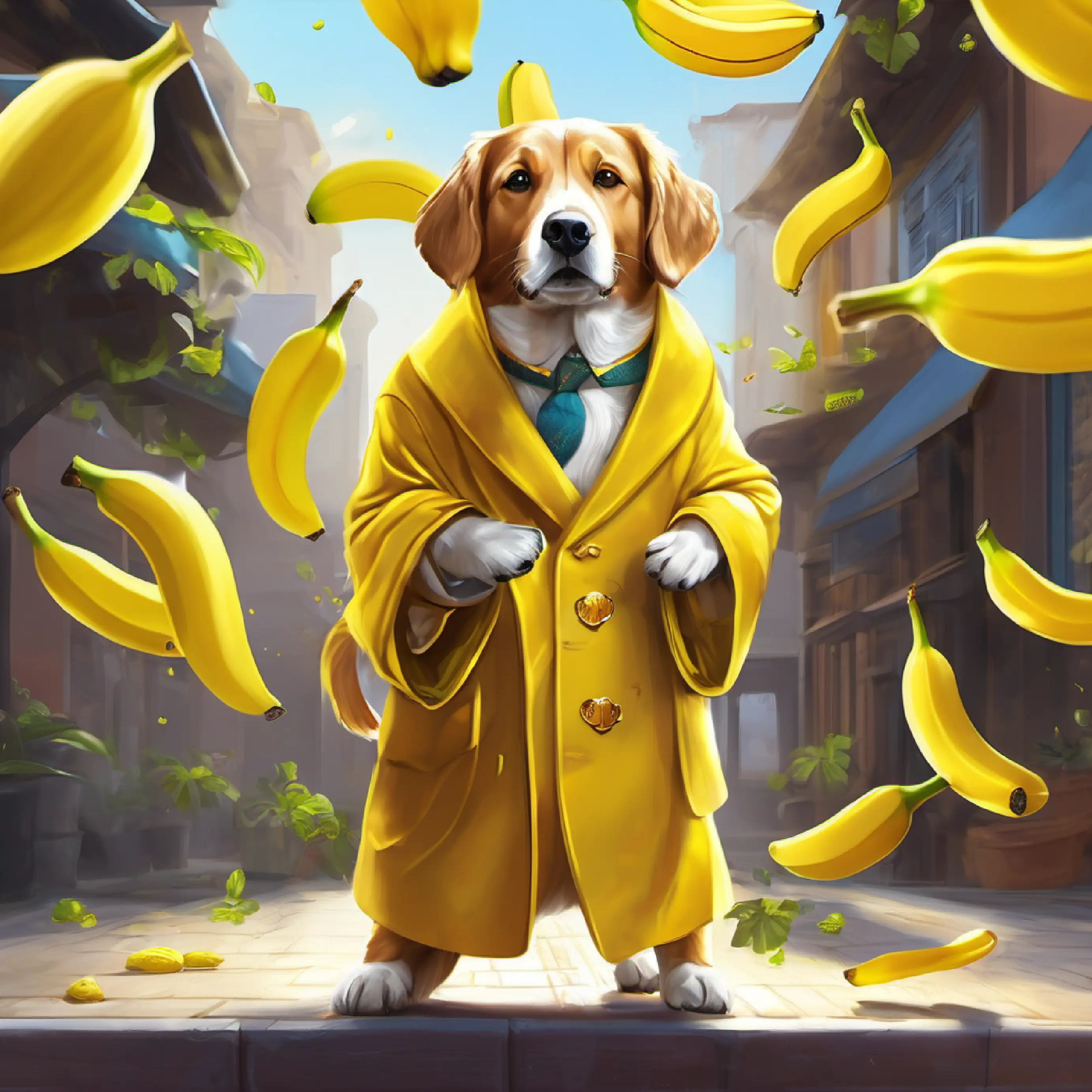 Golden coat, loves bananas, smart dog counts hops with banana peels.