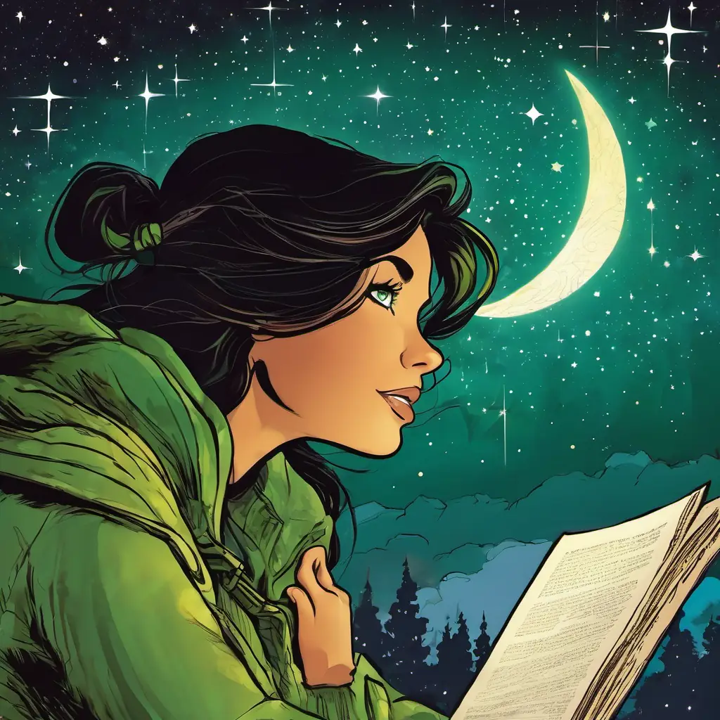 Brave girl, green eyes, adventurous spirit, warm smile looking at the night sky, pondering over the star.