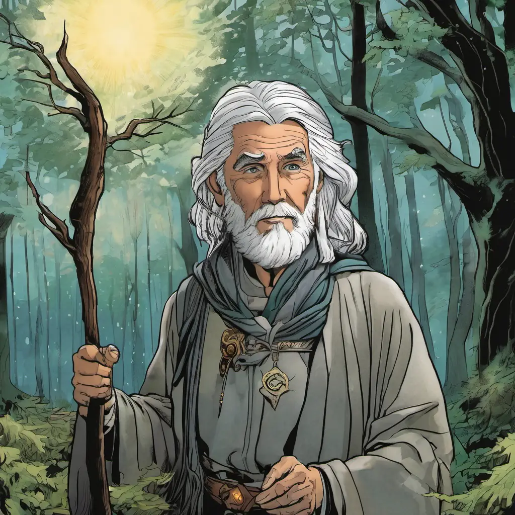 Wise elder, silver hair, kind grey eyes, storyteller reveals the star's location in the Whispering Woods.