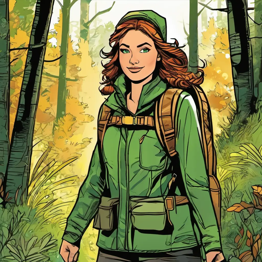 Brave girl, green eyes, adventurous spirit, warm smile preparing for her journey to the woods.