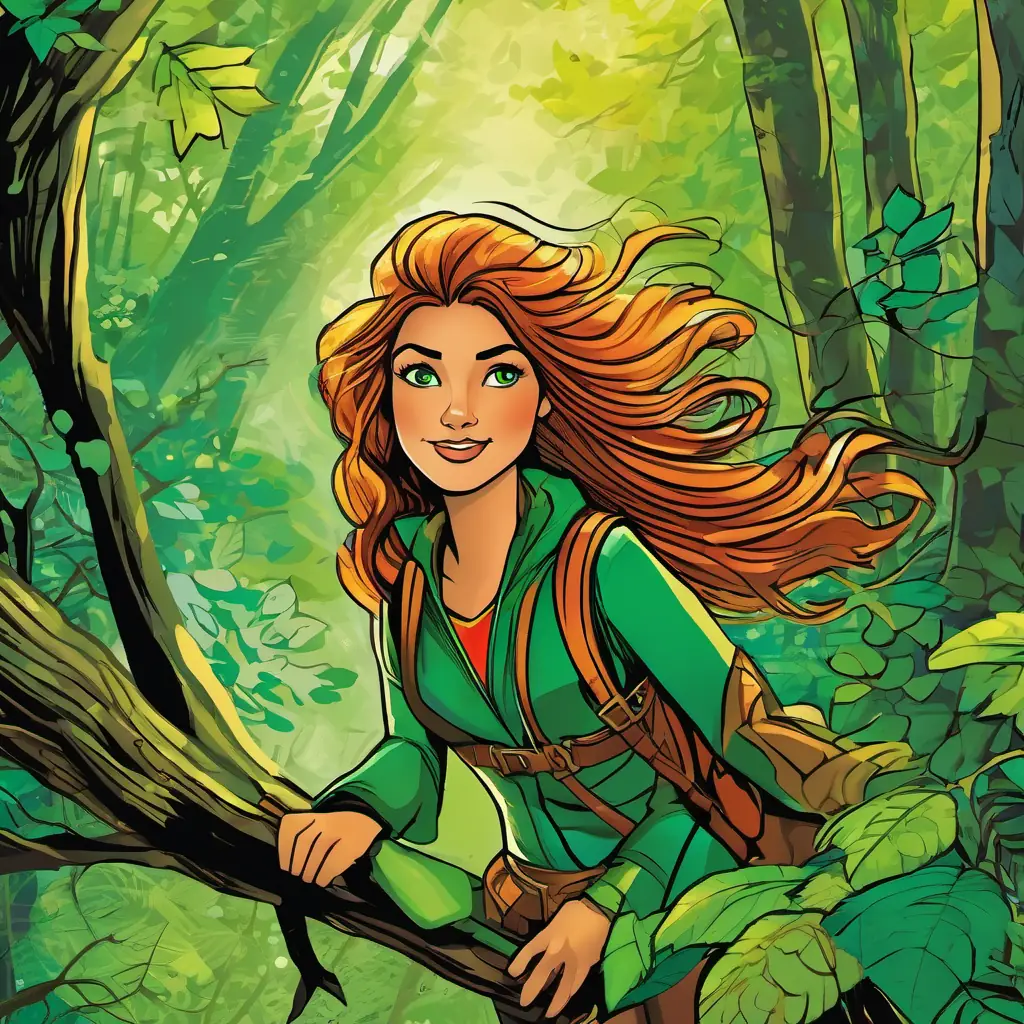 Brave girl, green eyes, adventurous spirit, warm smile senses the woods are alive and guiding her.