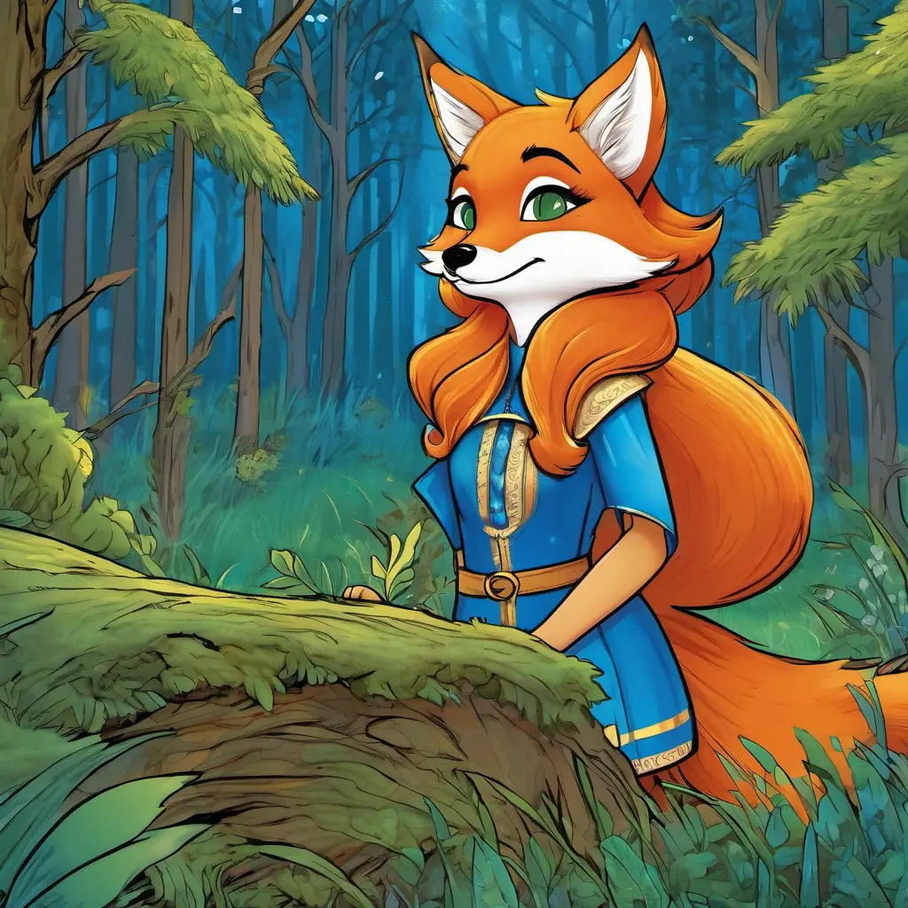 Brave girl, green eyes, adventurous spirit, warm smile meets Timid fox, fluffy fur, sapphire blue eyes, quiet helper the fox in a forest clearing.