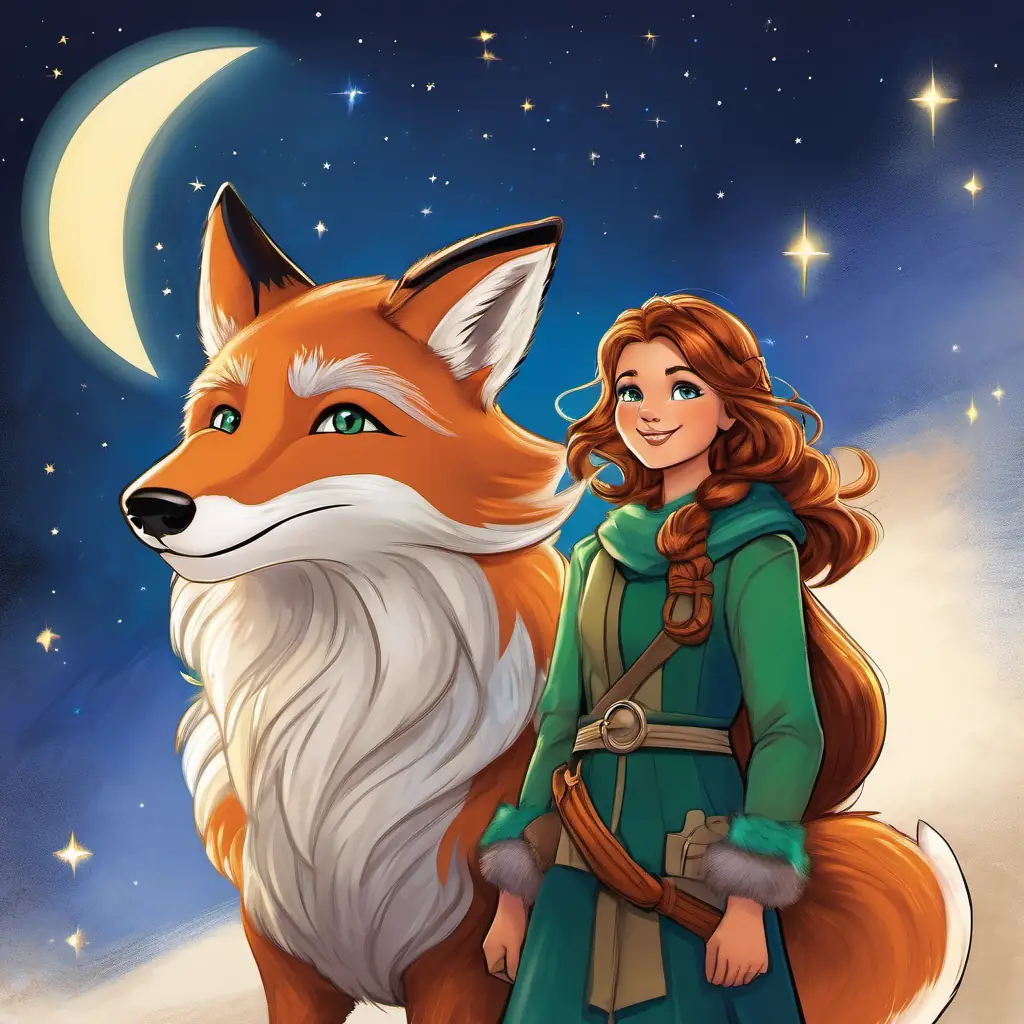 Timid fox, fluffy fur, sapphire blue eyes, quiet helper offers to help Brave girl, green eyes, adventurous spirit, warm smile, mentioning the star's criteria.