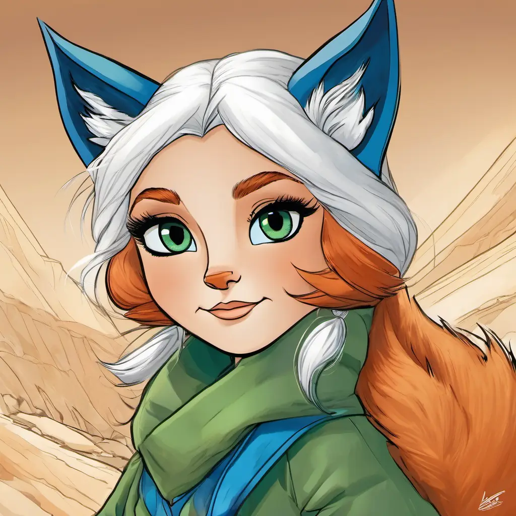 Brave girl, green eyes, adventurous spirit, warm smile and Timid fox, fluffy fur, sapphire blue eyes, quiet helper facing challenges and bonding.