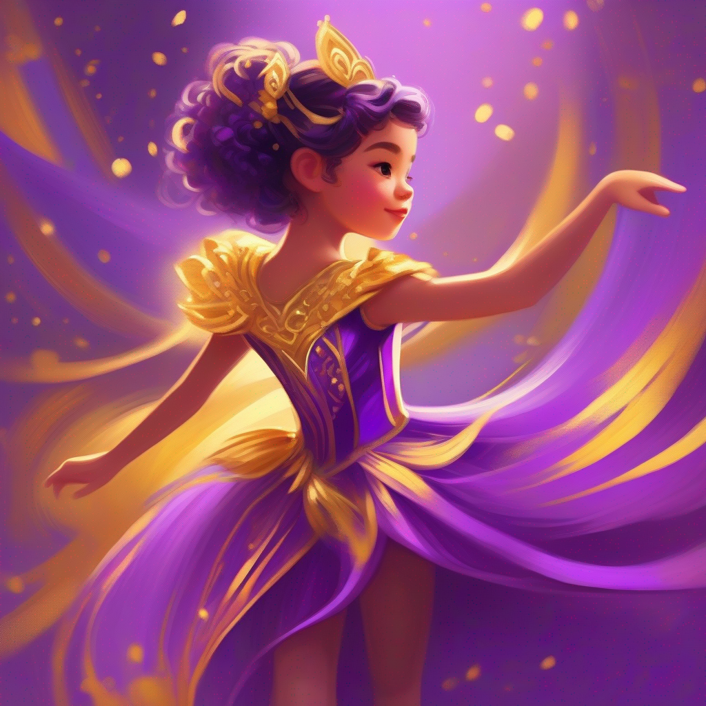 A talented girl in a purple and gold dance costume. in her purple and gold dance costume.