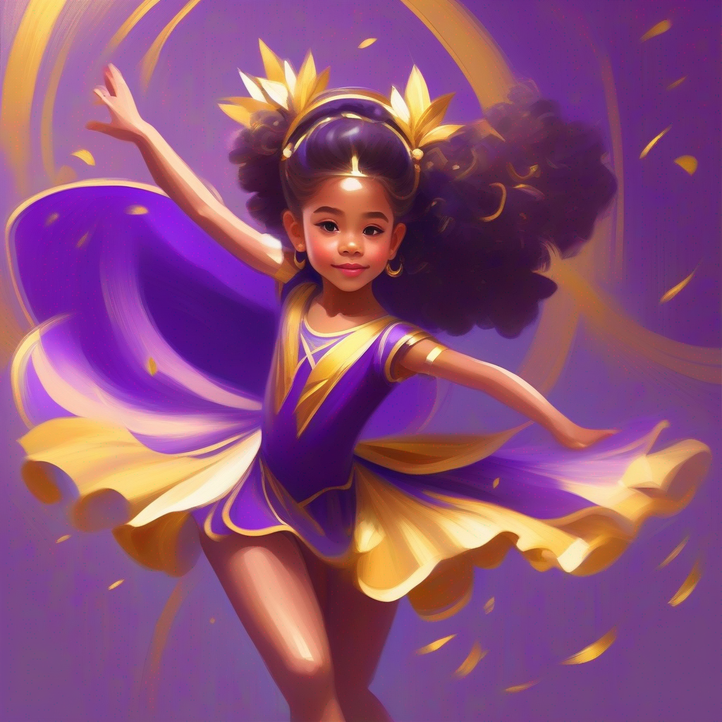 A talented girl in a purple and gold dance costume. auditioning for the dance troupe.
